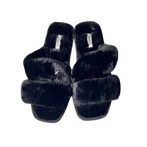 Qupid Women's Double Strap Faux Fur Black Slippers Sz 7